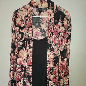 Floral Attached Jacket Top. Black Attached Sheath Under Red Beige Black Jacket